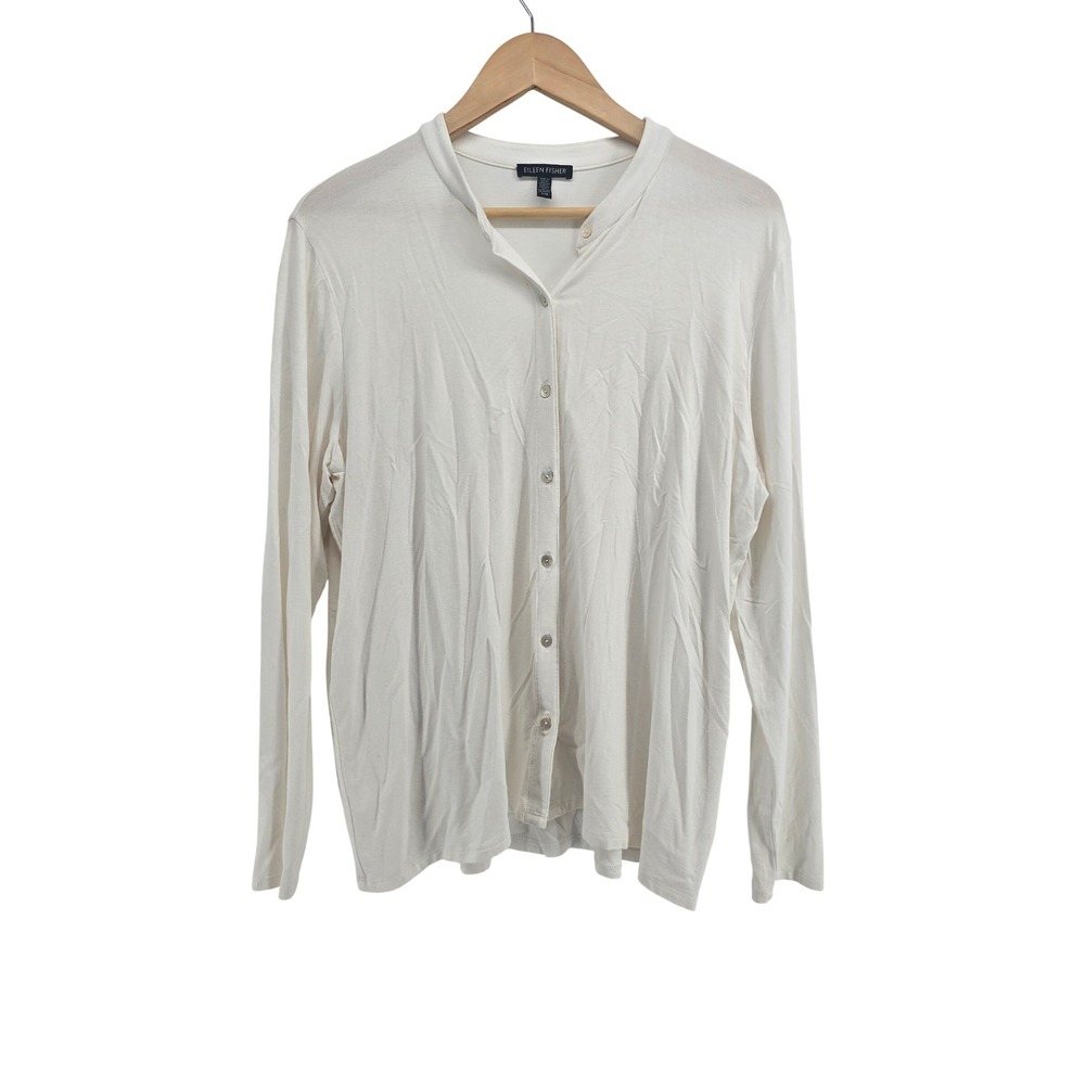 Eileen Fisher Cardigan Womens L Viscose Spandex Off White Button Front EUC